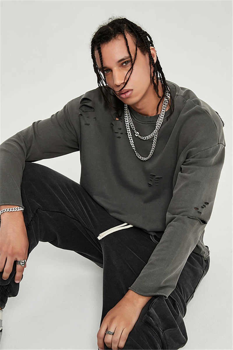 Hip Hop Streetwear Vintage Sweatshirt 2021 Autumn Creative Distressed Destroyed Ripped Holes Pullover Cotton Tops Loose WE301