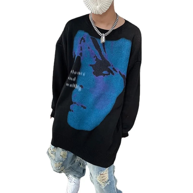 men knitted sweater harajuku printed oversized sweater new casual o neck long sleeve pullover streetwear loose sweaters clothing streetwear fashion hoodie, oversized graphic print design, unique limited edition hoodie