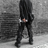 back zipper loose elastic waist cargo pants autumn new streetwear drawstring pants trousers men harajuku twine belts casual pant multi-pocket cargos