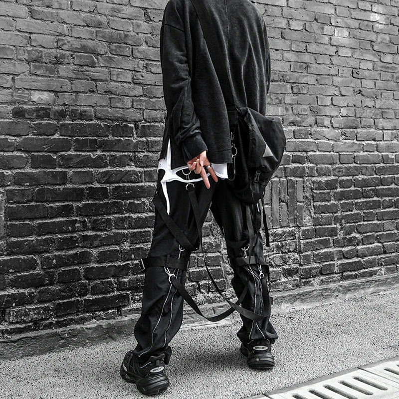back zipper loose elastic waist cargo pants autumn new streetwear drawstring pants trousers men harajuku twine belts casual pant multi-pocket cargos