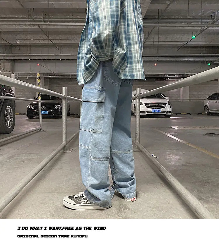men jeans wide leg denim pants loose straight baggy mens jeans hip hop streetwear skateboard neutral denim trousers cargo jeans unique cargo style 2667
