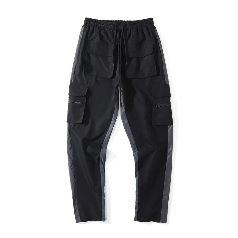 hip hop loose fit elastic waist pants cargo pockets spliced reflective lines ankle pants mens drewstring sportwear pants joggers unique joggers style 1974