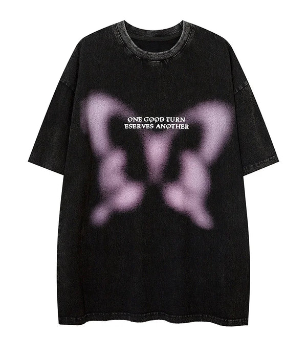 Sadcore Oversized shirt – Aolamegs Butterfly Inkjet Letter Print Washed T Shirt Men Sh