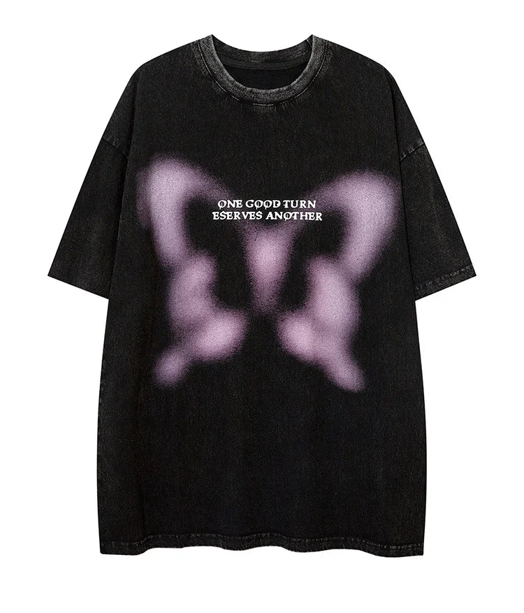 Sadcore Oversized shirt – Aolamegs Butterfly Inkjet Letter Print Washed T Shirt Men Sh