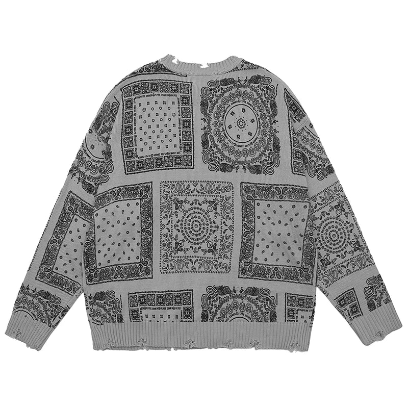 hip hop paisley printed ripped knitted holes sweater mens autumn winter long sleeve pullover streetwear loose sweaters clothing oversized graphic print design, aesthetic street look hoodie, Y2K vintage urban hoodie