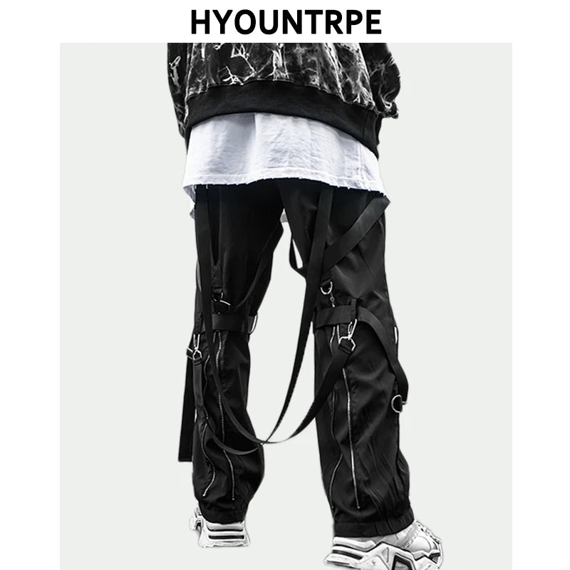 back zipper loose elastic waist cargo pants autumn new streetwear drawstring pants trousers men harajuku twine belts casual pant combat utility trousers