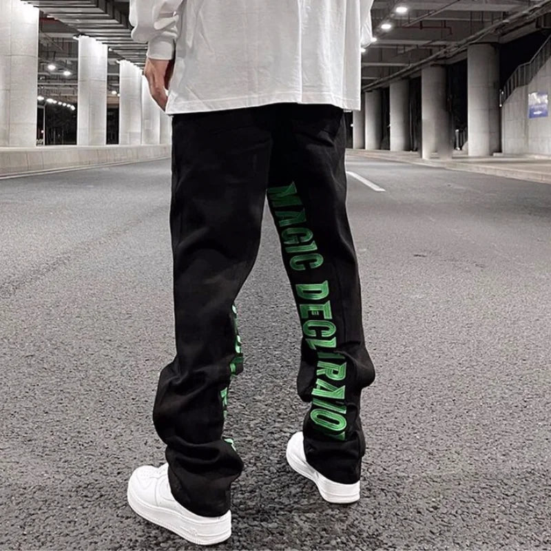 men jeans hip hop letters embroidery denim jeans high street casual loose straight elastic waist joggers hip hop streetwear pant relaxed fit joggers