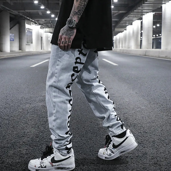 men back letter embroidery denim jean pants fashion slim zipper biker jeans trouser new casual hip hop streetwear pants joggers sporty tapered joggers