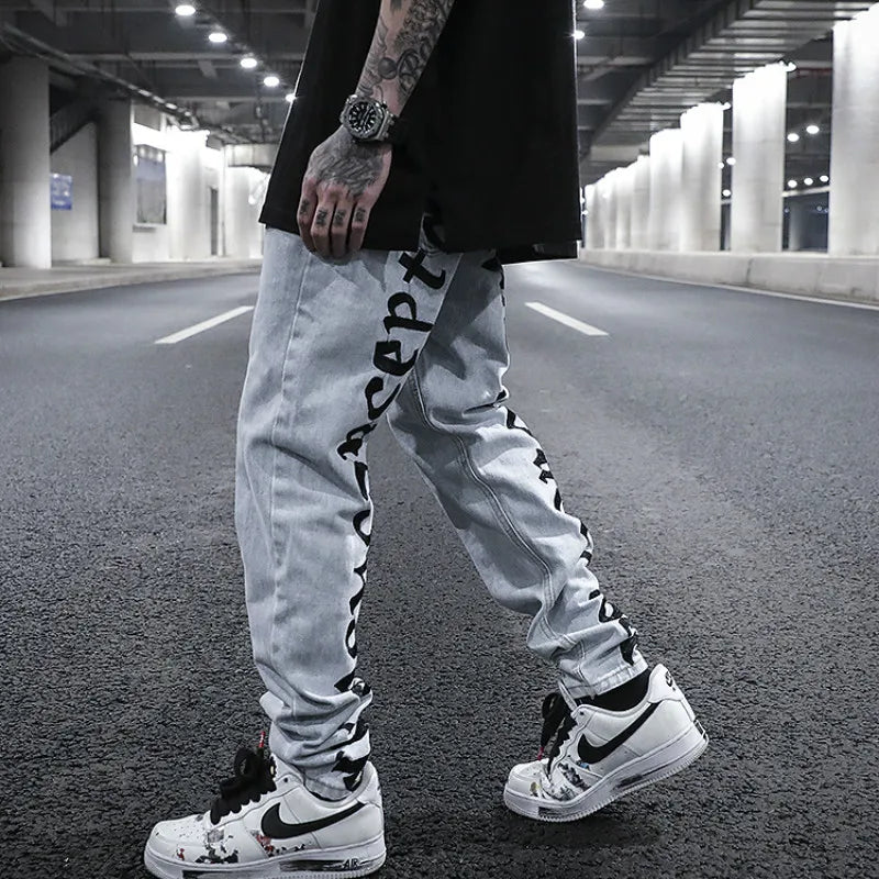 men back letter embroidery denim jean pants fashion slim zipper biker jeans trouser new casual hip hop streetwear pants joggers sporty tapered joggers