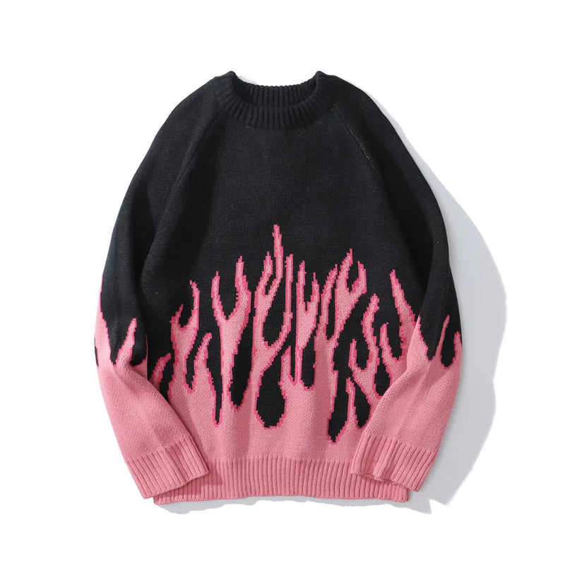 hip hop mens streetwear harajuku knitted sweater fire flame autumn winter new o neck sweater pullover loose retro vintage cotton oversized graphic print design, high quality cotton pullover, Y2K vintage urban hoodie