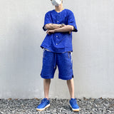 2 Pieces Sets Men Harajuku Pattern Single Breasted Short Sleeve Baseball Shirts and Drewstring Shorts Joggers Streetwear Sets