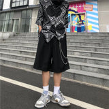 mens shorts summer casual black zipper elastic waist straight short pants with chain new hip hop streetwear loose shorts joggers streetwear sweatpants