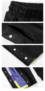 mens side buttons patchwork harajuku straight pants casual elastic waist fake suede trousers hip hop streetwear casual joggers unique joggers style 3909