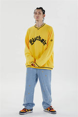 Mens Letter Embroidery Tshirt Tops Men V Neck Long Sleeve Loose Tees Hip Hop Solid Color Oversize Skateboard Streetwear Pullover