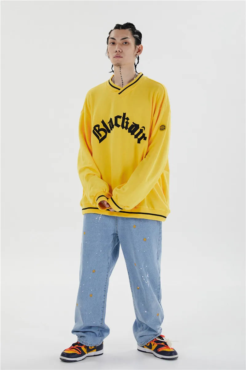 Mens Letter Embroidery Tshirt Tops Men V Neck Long Sleeve Loose Tees Hip Hop Solid Color Oversize Skateboard Streetwear Pullover