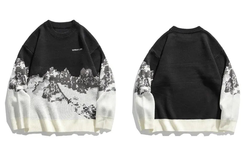 grunge knit sweater with heavyweight fabric, layered urban look for cold weather, street fashion menswear trend for seasonal 
