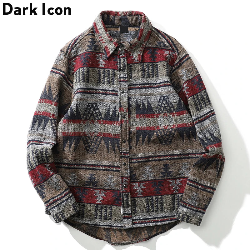 Dark Icon Geometric Stripe Shirts Men Women Long Sleeve Harajuku Woolen Shirts Men Clothing