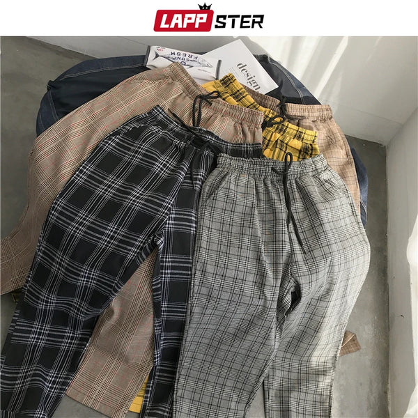 lappster mens black harajuku plaid pants 2023 men japanese streetwear baggy sweatpants male 5 colors vintage casual trousers sporty tapered joggers