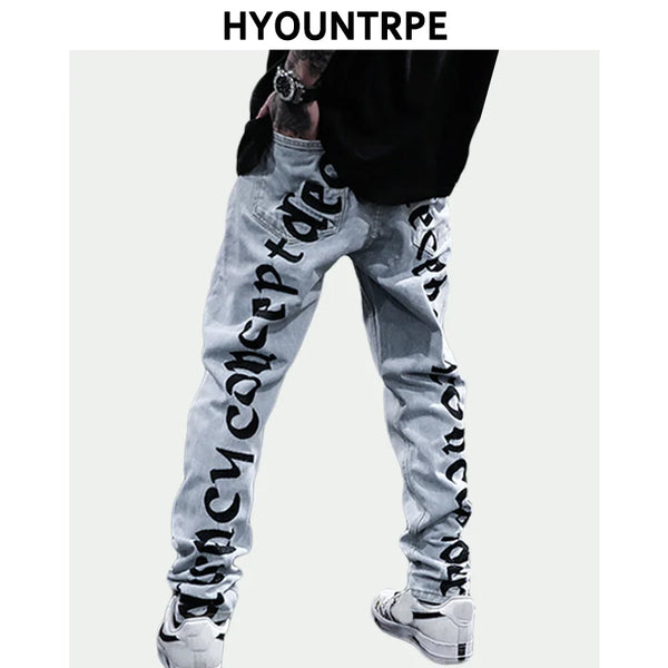 men back letter embroidery denim jean pants fashion slim zipper biker jeans trouser new casual hip hop streetwear pants joggers streetwear sweatpants