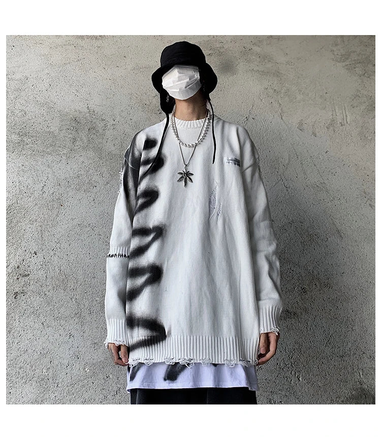 mens hip hop destroy ripped holes streetwear graffiti harajuku sweater vintage retro knitted sweater new casual cotton pullover Y2K vintage urban hoodie, streetwear fashion hoodie, urban wear with bold artwork