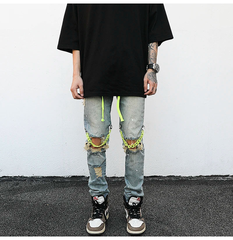 high street knee hole with chain ripped biker jeans mens slim fit denim pants autumn new streetwear casual hip hop pants joggers unique joggers style 4251