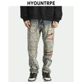 destroyed ripped straight jeans pants mens distressed biker jeans fashion irregular embroidery streetwear hip hop pants joggers streetwear sweatpants