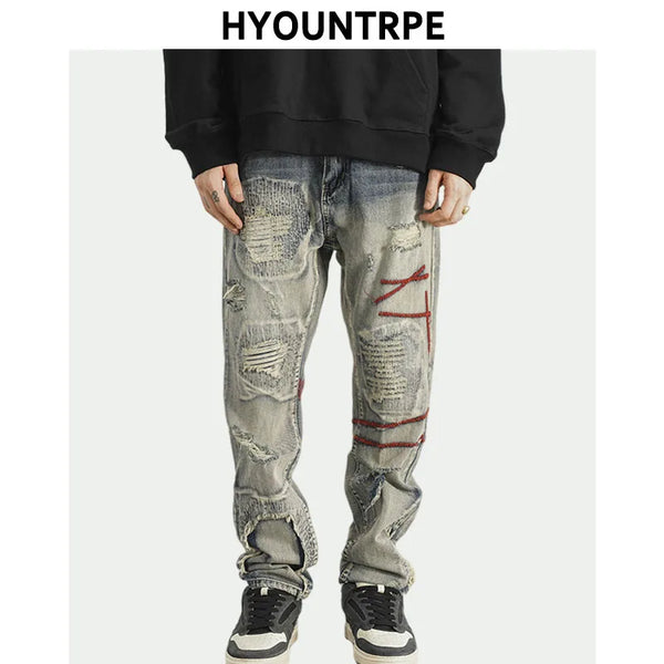 destroyed ripped straight jeans pants mens distressed biker jeans fashion irregular embroidery streetwear hip hop pants joggers streetwear sweatpants