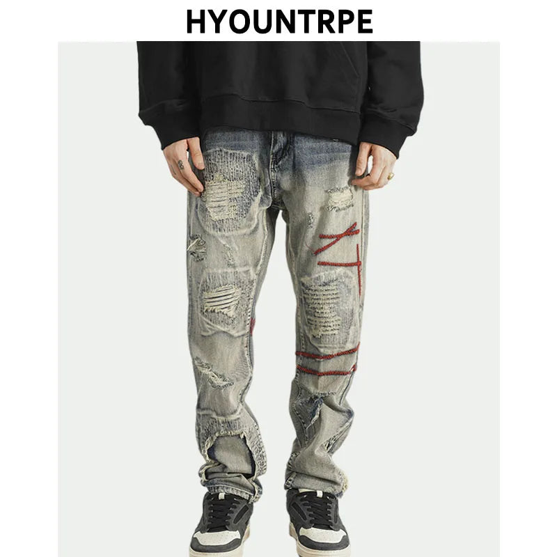 destroyed ripped straight jeans pants mens distressed biker jeans fashion irregular embroidery streetwear hip hop pants joggers streetwear sweatpants