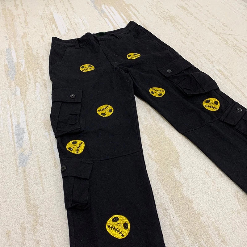 mens high street smilely loose cargo pants casual zipper straight jeans hip hop side pockets loose fit streetwear casual joggers unique joggers style 3493