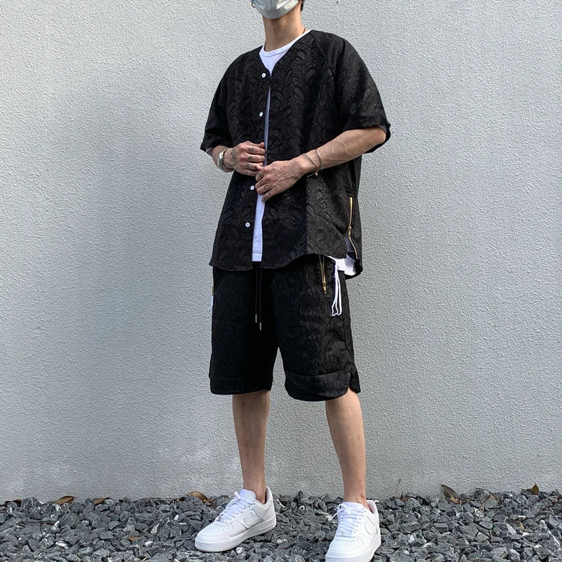 2 Pieces Sets Men Harajuku Pattern Single Breasted Short Sleeve Baseball Shirts and Drewstring Shorts Joggers Streetwear Sets