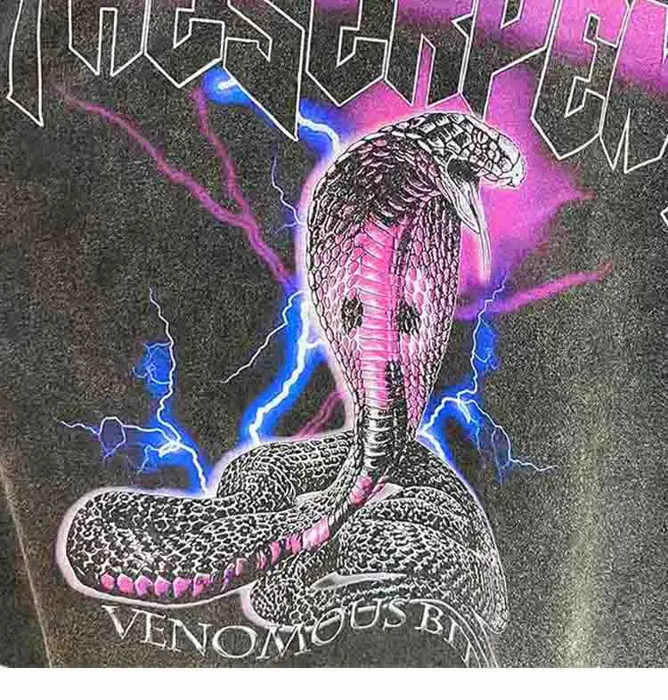 Sadcore Aesthetic print tee – Men Washed T Shirt Hip Hop Streetwear Lightning Snake Print