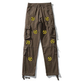 mens high street smilely loose cargo pants casual zipper straight jeans hip hop side pockets loose fit streetwear casual joggers unique joggers style 3473