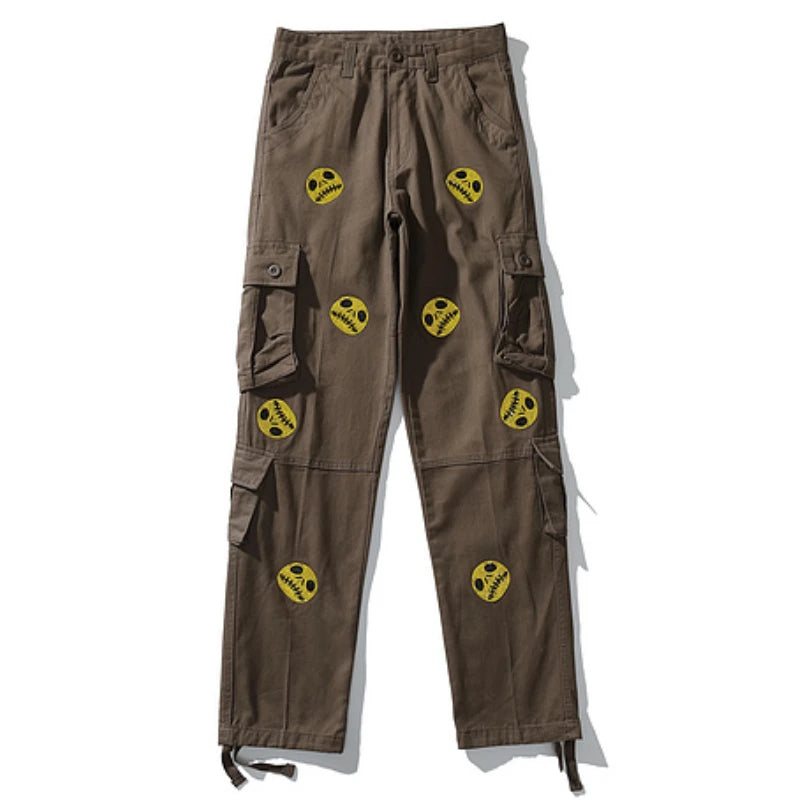 mens high street smilely loose cargo pants casual zipper straight jeans hip hop side pockets loose fit streetwear casual joggers unique joggers style 3473