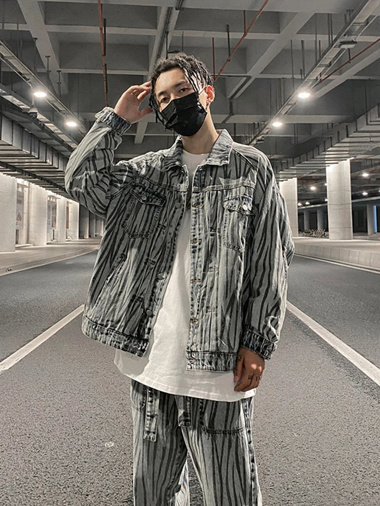 2 pieces sets mens fashion striped single breasted denim jeans jacket coat and zipper straight pants joggers new streetwear sets urban active pants
