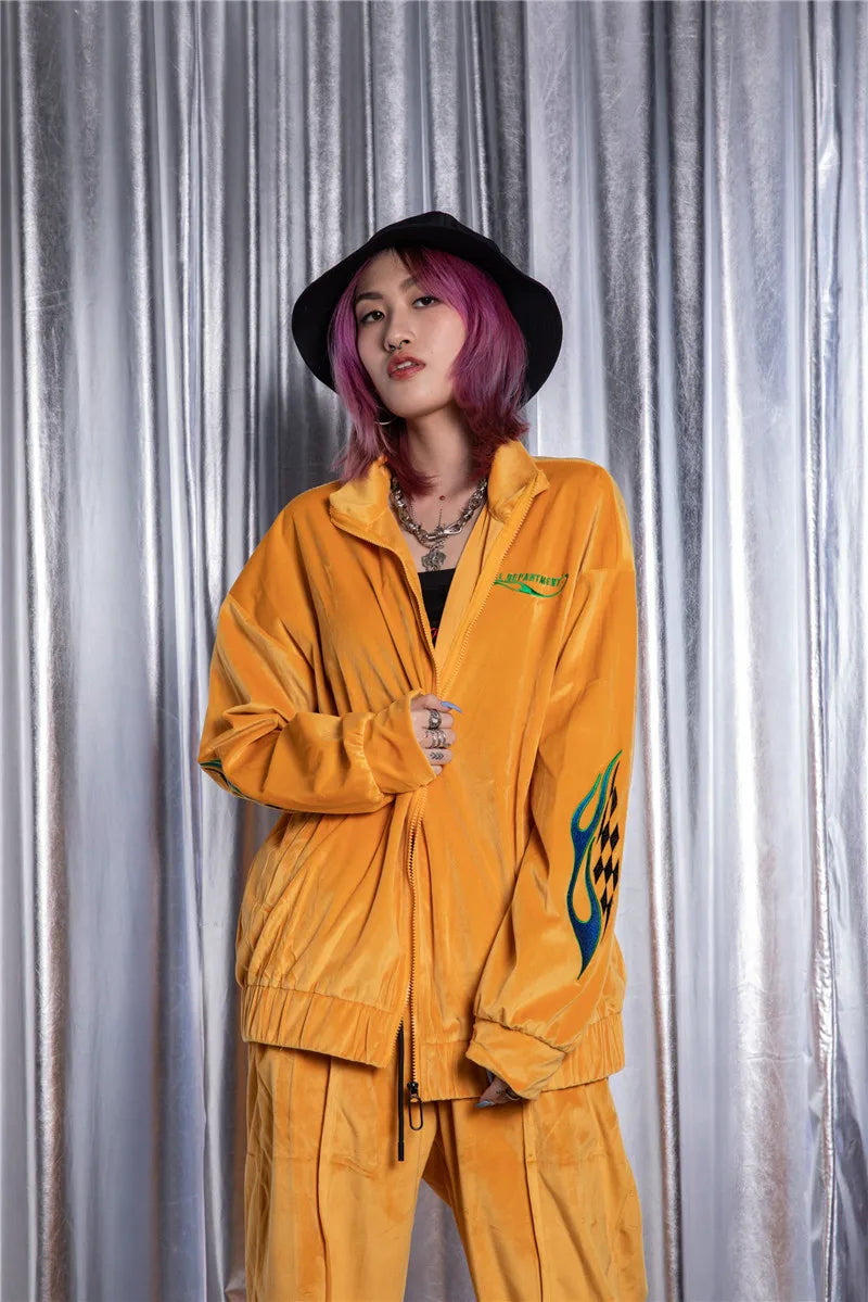 2 pieces set men embroidery velvet zipper jacket and elastic waist loose straight pants sweatsuit hip hop tracksuits sweatsuit unique default style 4314