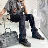 high street washed color match frayed micro flared jeans mens straight spliced retro loose casual denim pants hip hop trousers unique jeans style 18