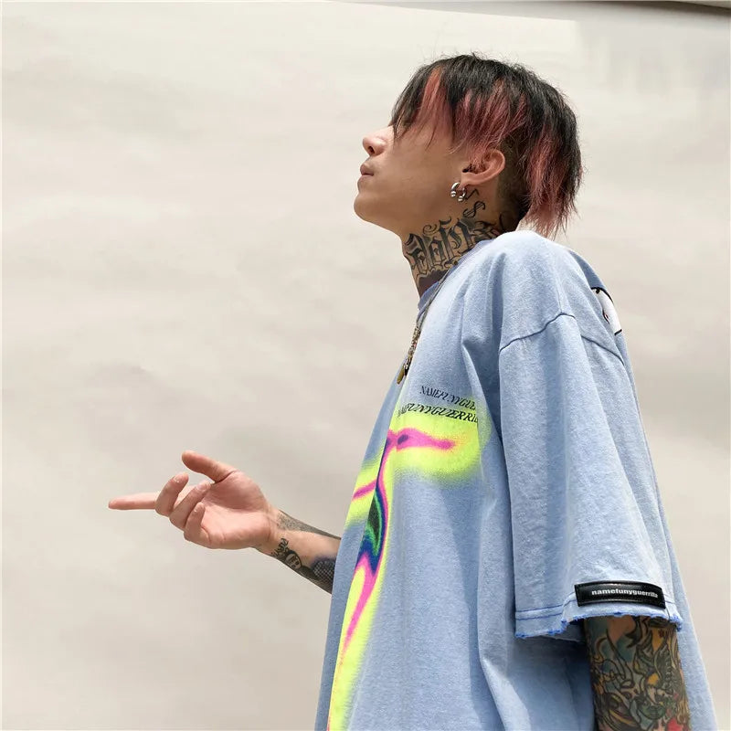Vaporwave Aesthetic print tee – Distorted Portrait Printing Short Sleeved T Shirt Hip Hop Su