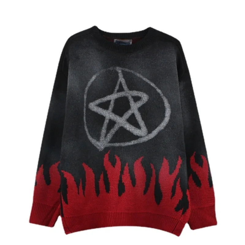 mens sweaters fashion fire harajuku sweaters casual long sleeve knitted sweater ripped holes cotton pullover jumpers man sweater aesthetic street look hoodie, Y2K vintage urban hoodie, urban wear with bold artwork