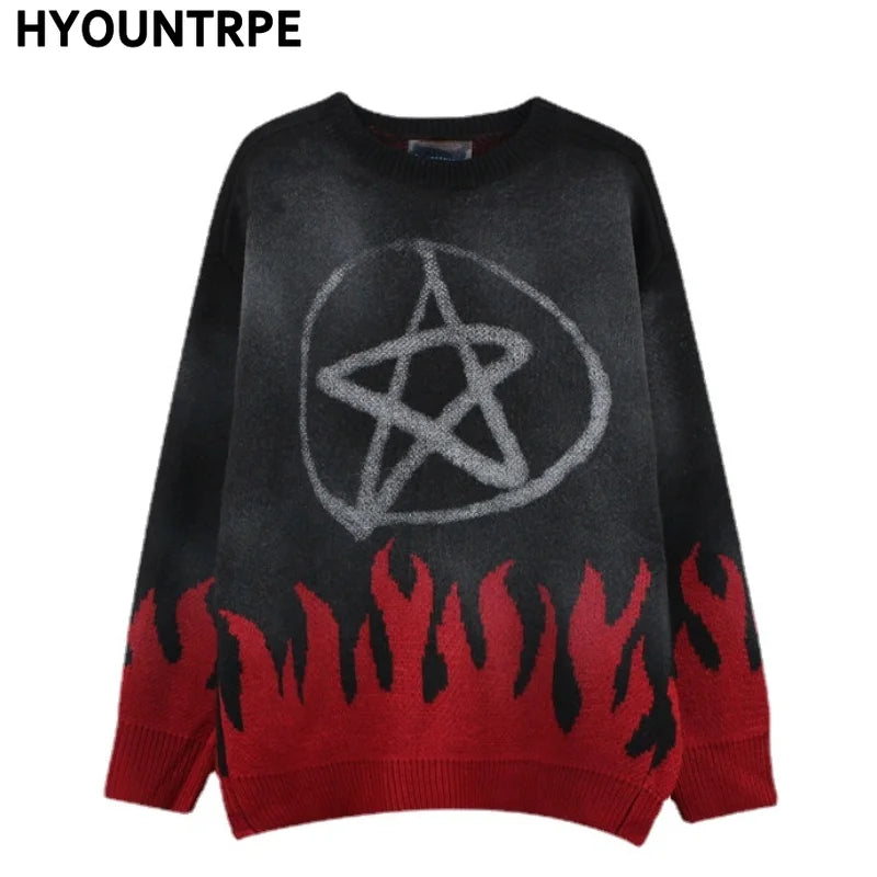 mens sweaters fashion fire harajuku sweaters casual long sleeve knitted sweater ripped holes cotton pullover jumpers man sweater aesthetic street look hoodie, Y2K vintage urban hoodie, urban wear with bold artwork