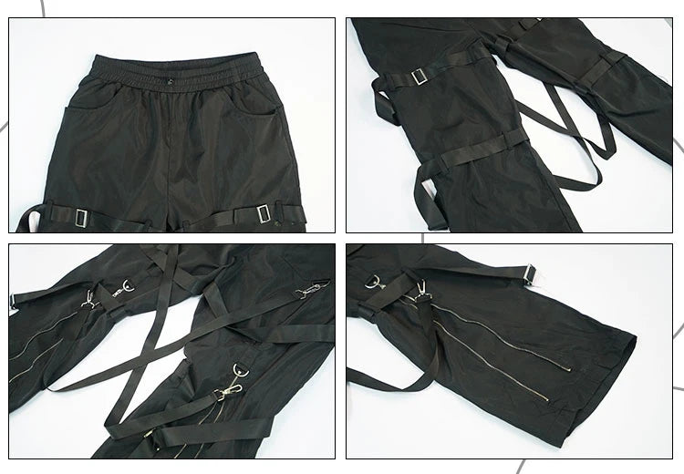 back zipper loose elastic waist cargo pants autumn new streetwear drawstring pants trousers men harajuku twine belts casual pant unique cargo style 4329