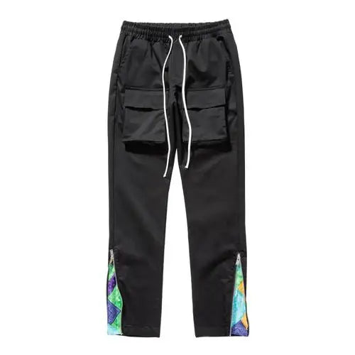 mens high street loose fit elastic waist pants bottom zipper patchwork cargo pants hip hop drawstring sportwear pants joggers unique joggers style 5413