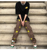 mens high street smilely loose cargo pants casual zipper straight jeans hip hop side pockets loose fit streetwear casual joggers unique joggers style 3482