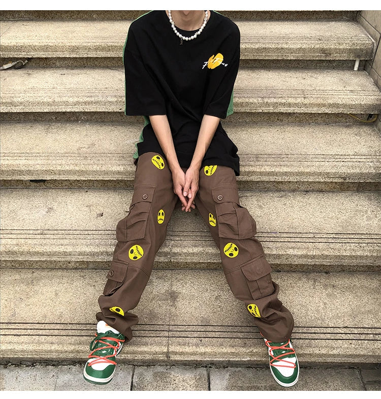 mens high street smilely loose cargo pants casual zipper straight jeans hip hop side pockets loose fit streetwear casual joggers unique joggers style 3482