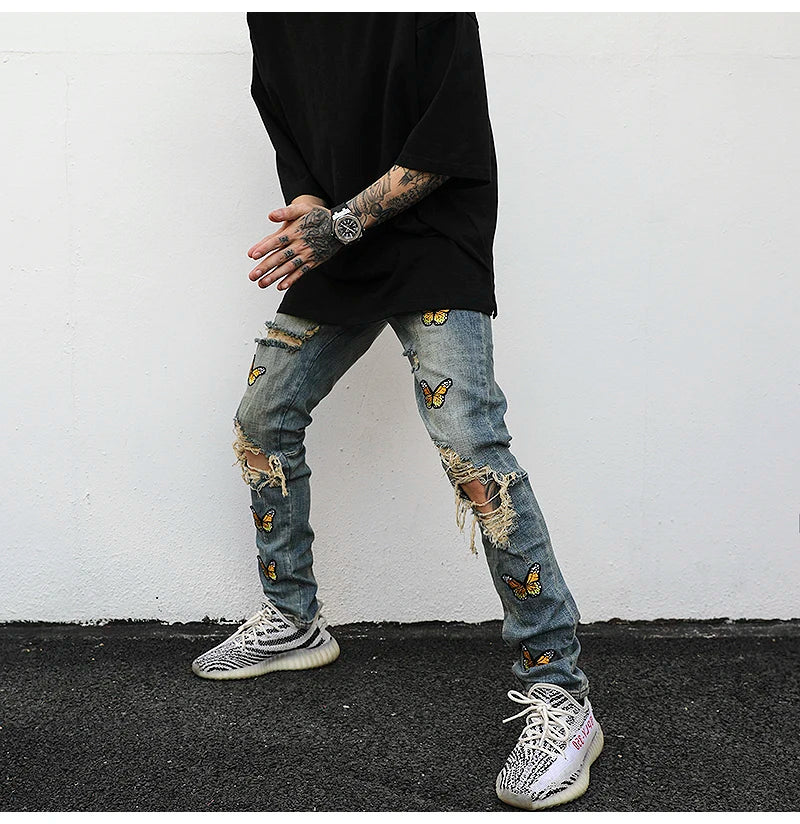 high street butterfly embroidery knee ripped hole jeans mens casual hip hop distressed jeans slim fit skinny denim pants joggers unique joggers style 1884