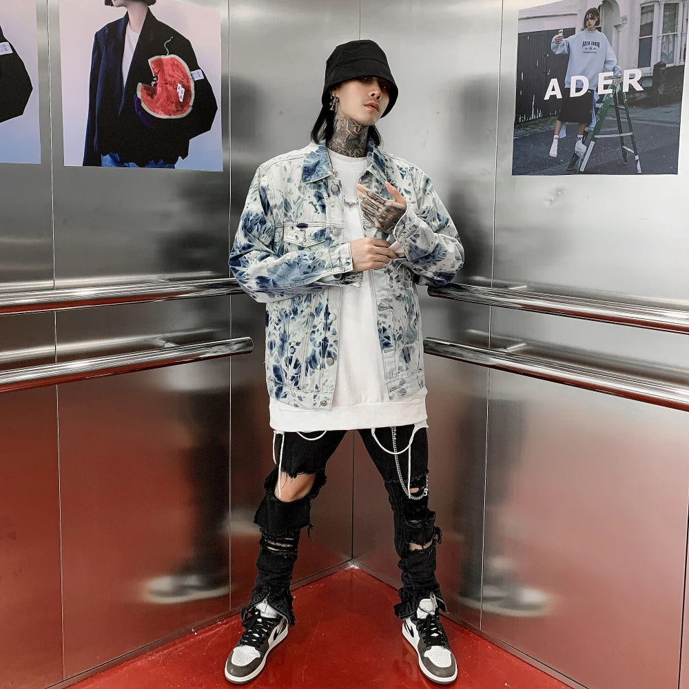 oversized fit featuring fashion tie dyed jeans jackets coat men casual single breasted turn down collar denim streetwear new hip hop outerwear jacket design – premium quality jacket for men