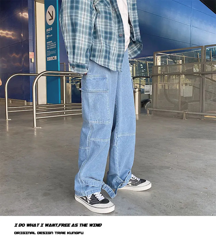 men jeans wide leg denim pants loose straight baggy mens jeans hip hop streetwear skateboard neutral denim trousers cargo jeans unique cargo style 2663