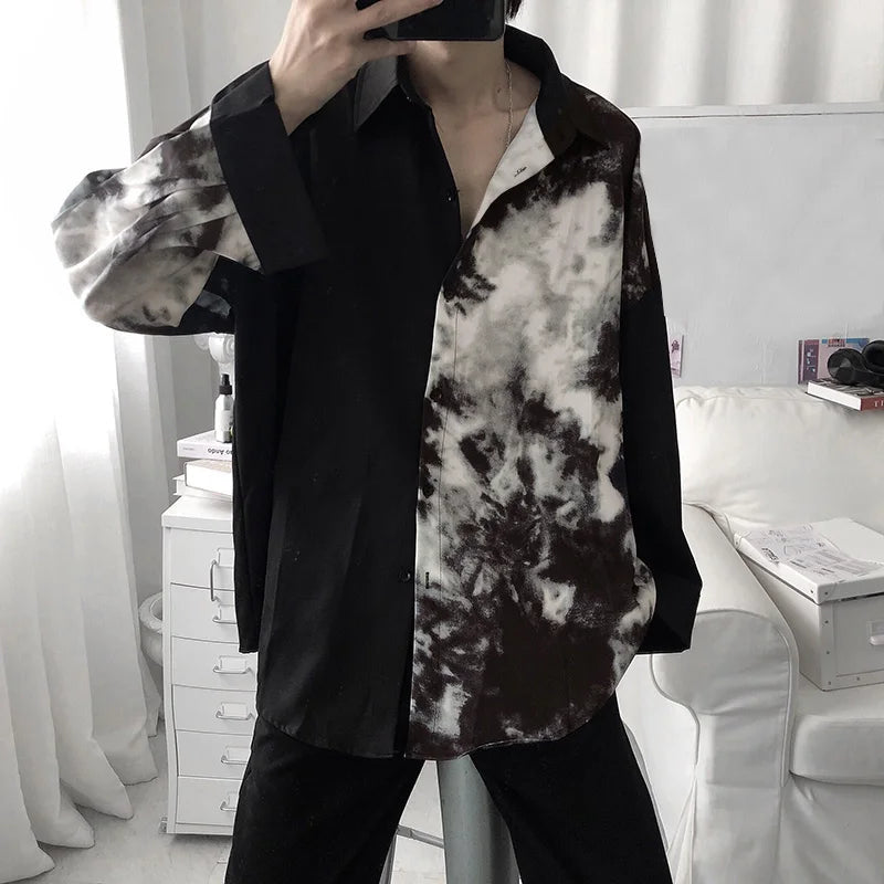 Men Casual Shirt Spring Print Patchwork Lapel Long Sleeve Streetwear Tops 2023 Korean Loose Fashion Shirts Camisas 5XL INCERUN
