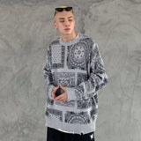 hip hop paisley printed ripped knitted holes sweater mens autumn winter long sleeve pullover streetwear loose sweaters clothing urban wear with bold artwork, trendy hip hop style outerwear, high quality cotton pullover