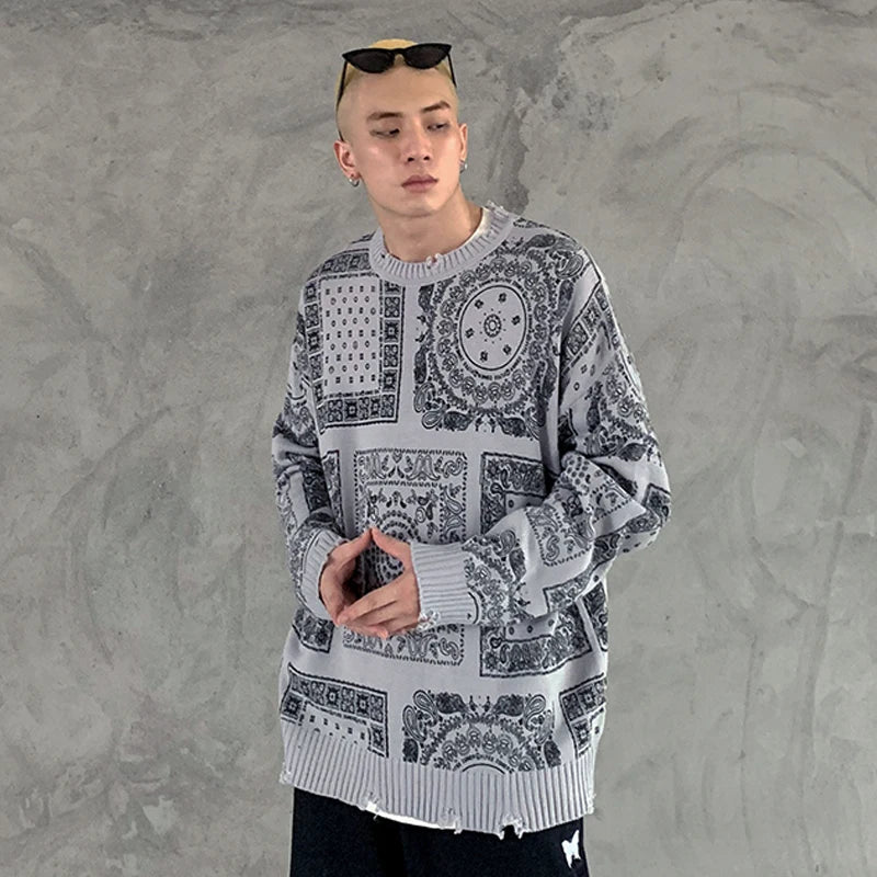 hip hop paisley printed ripped knitted holes sweater mens autumn winter long sleeve pullover streetwear loose sweaters clothing urban wear with bold artwork, trendy hip hop style outerwear, high quality cotton pullover