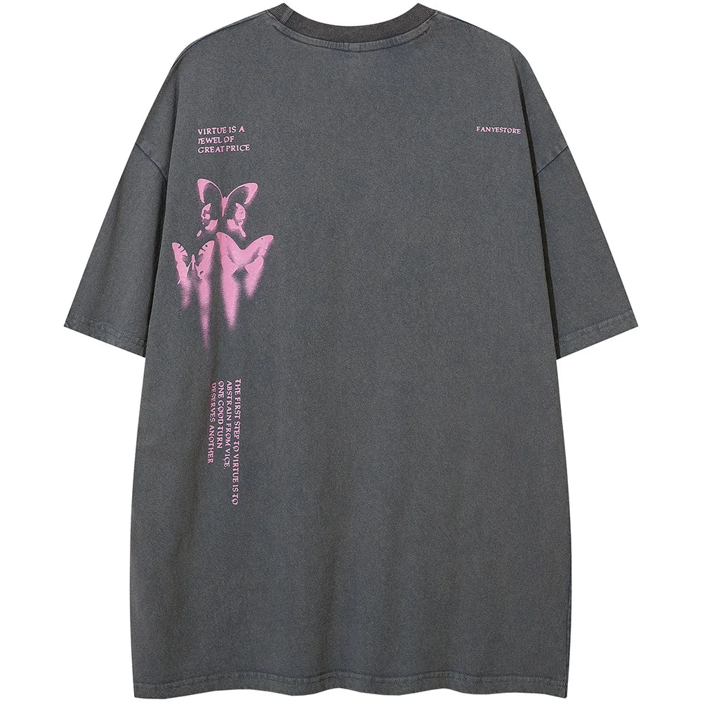 Sadcore Oversized shirt – Aolamegs Butterfly Inkjet Letter Print Washed T Shirt Men Sh